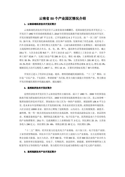云南省50个产业园区情况介绍