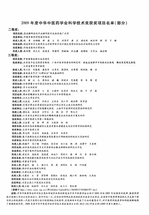 2009年度中华中医药学会科学技术奖获奖项目名单(部分)