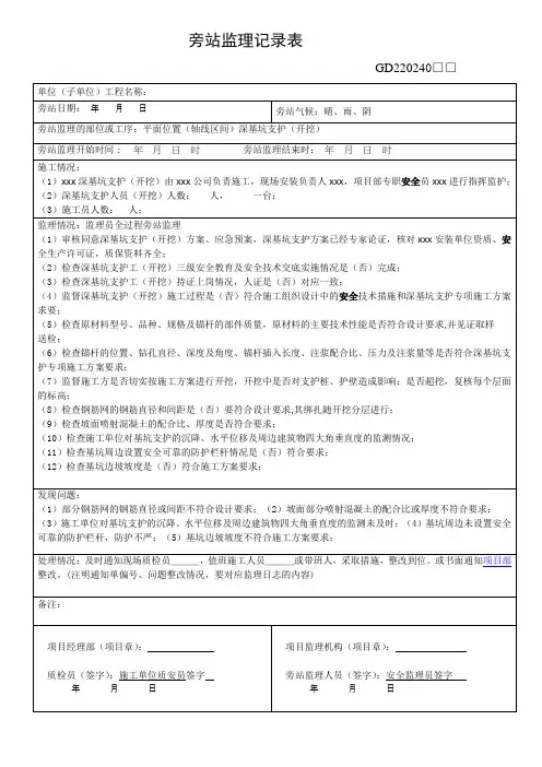 深基坑旁站监理记录表