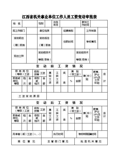 江西省机关事业单位工作人员工资变动审批表