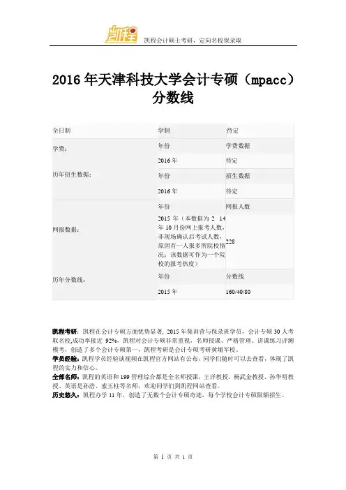 2016年天津科技大学会计专硕(mpacc)分数线
