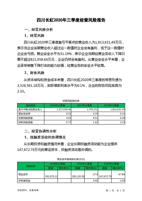 四川长虹2020年三季度经营风险报告