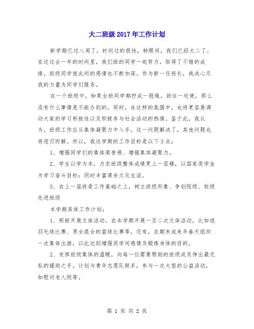 大二班级2017年工作计划