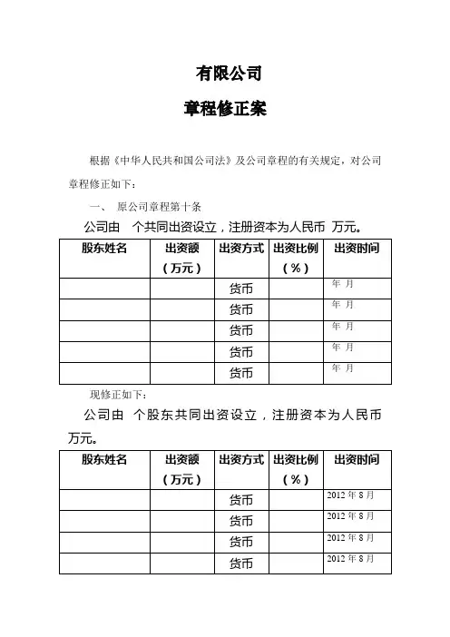 股东变更章程修正案(模板)