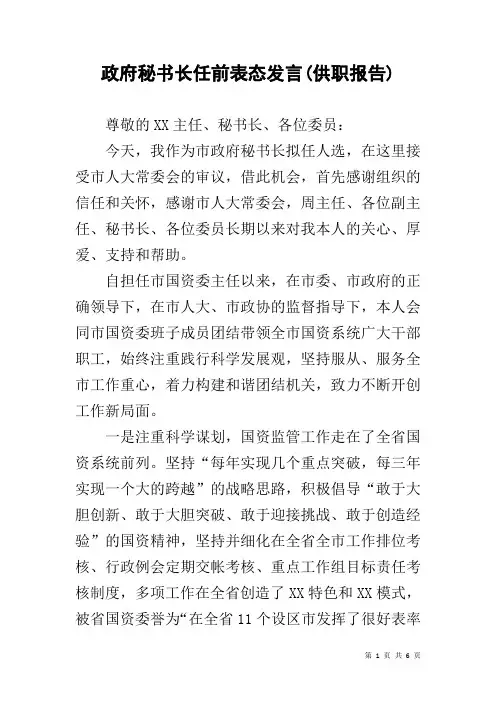 政府秘书长任前表态发言(供职报告)