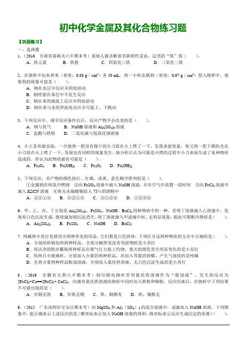 初中化学金属及其化合物练习题