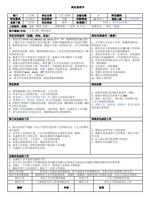 工艺工程师-岗位说明书
