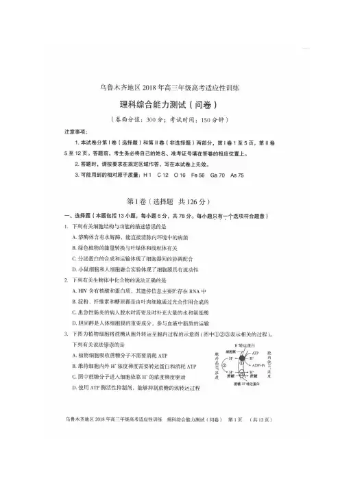 2018届新疆乌鲁木齐市高三高考适应性训练理科综合试题图片版含答案