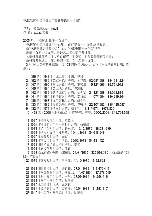 中国电影百年最佳华语片一百部