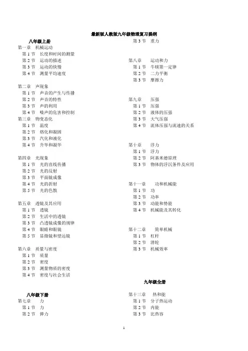 最新版人教版初中物理复习知识点大全