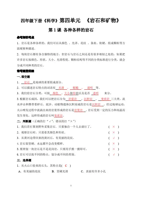 四年级下册《科学》同步练第1课 各种各样的岩石