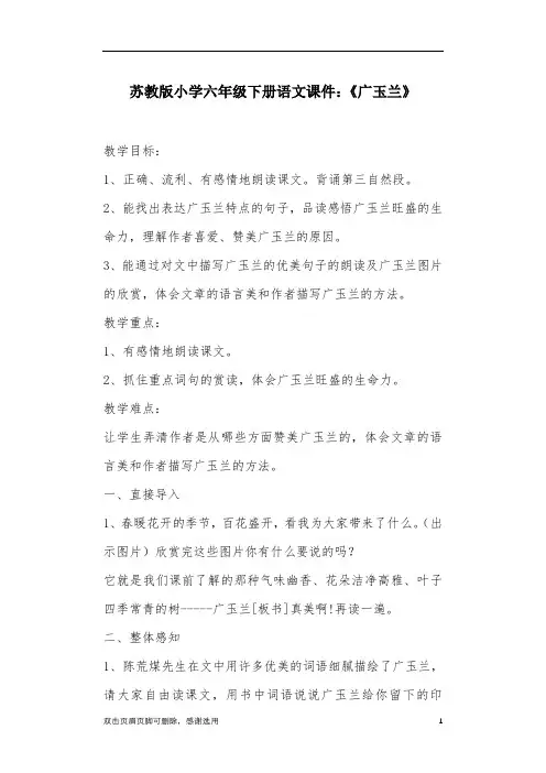 苏教版小学六年级下册语文课件：《广玉兰》