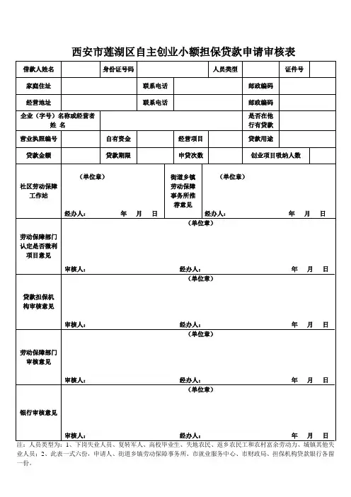 莲湖自主创业小额担保贷款申请审核表