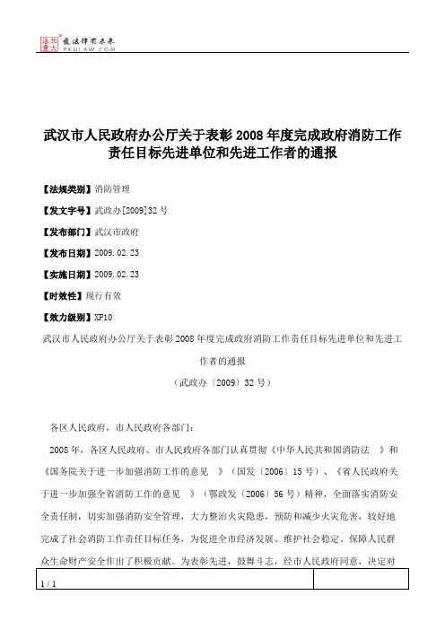 武汉市人民政府办公厅关于表彰2008年度完成政府消防工作责任目标