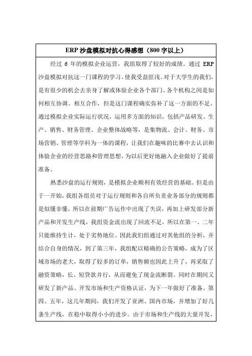 ERP沙盘心得感想 模板