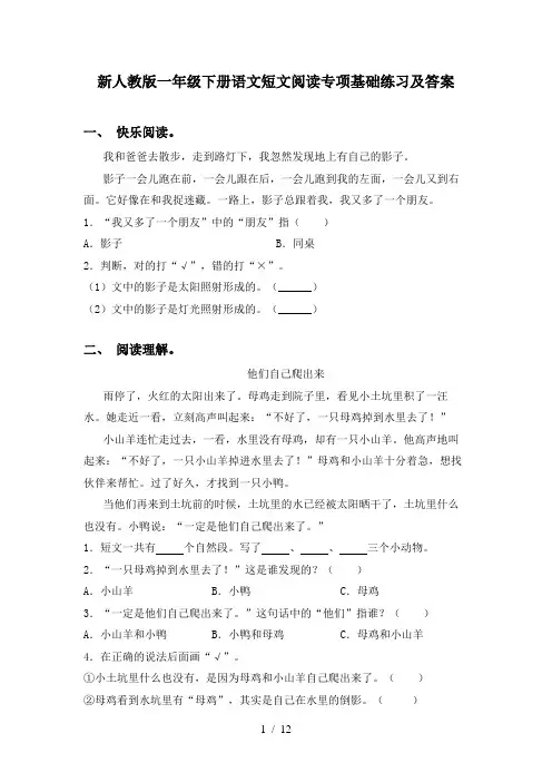 新人教版一年级下册语文短文阅读专项基础练习及答案