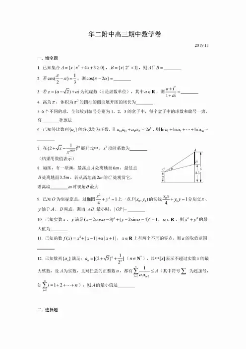 上海市华东师大二附中2019~2020学年高三上学期期中考试数学试卷及答案2019.11