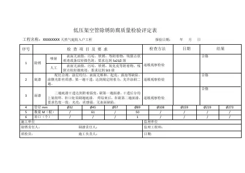 低压架空管除锈防腐质量检验评定表