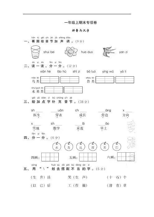 小学语文一年级上册拼音与汉字专项训练