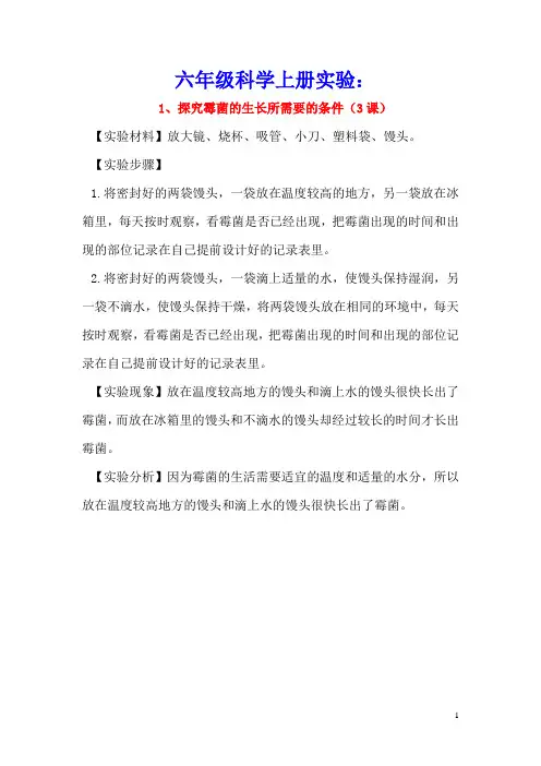 六年级科学上册实验1探究霉菌的生长所需要的条件青岛版六三制