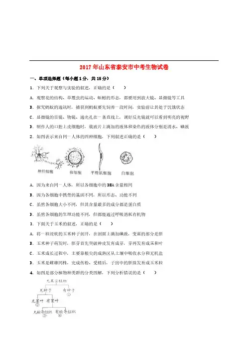 山东省泰安市2017年中考生物真题试题(含解析)