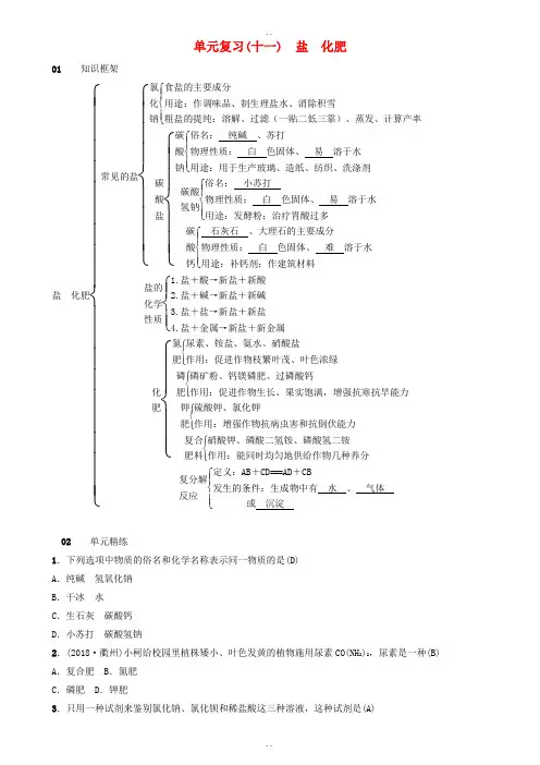 人教版九年级化学下册第十一单元盐化肥单元复习十一盐化肥同步测试含18年真题