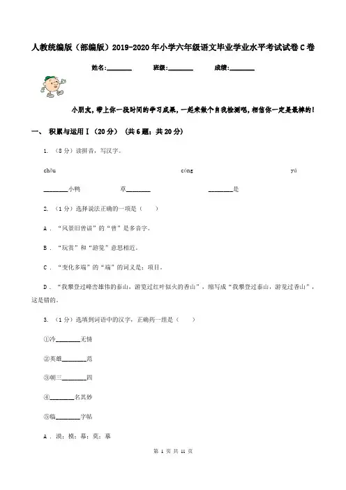人教统编版(部编版)2019-2020年小学六年级语文毕业学业水平考试试卷C卷