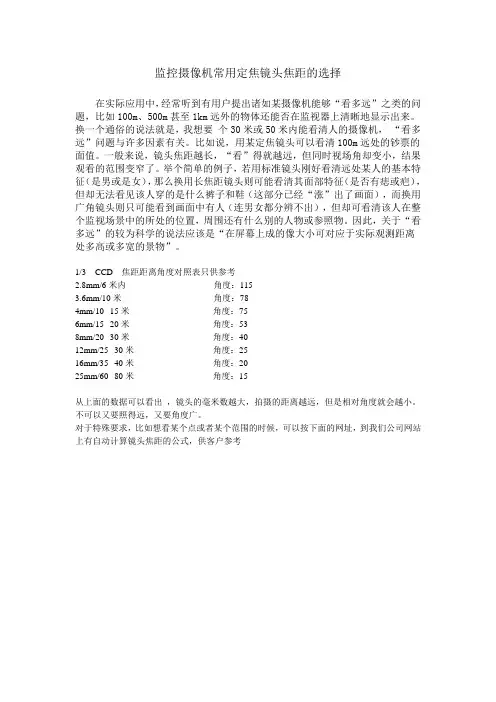 监控摄像机常用定焦镜头焦距的选择