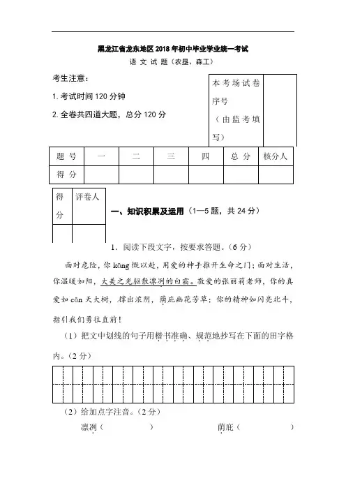 中考语文-2018届黑龙江省龙东地区中考语文考试试卷 最新