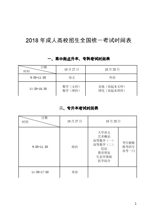 2018年成人高校招生全国统一考试时间表