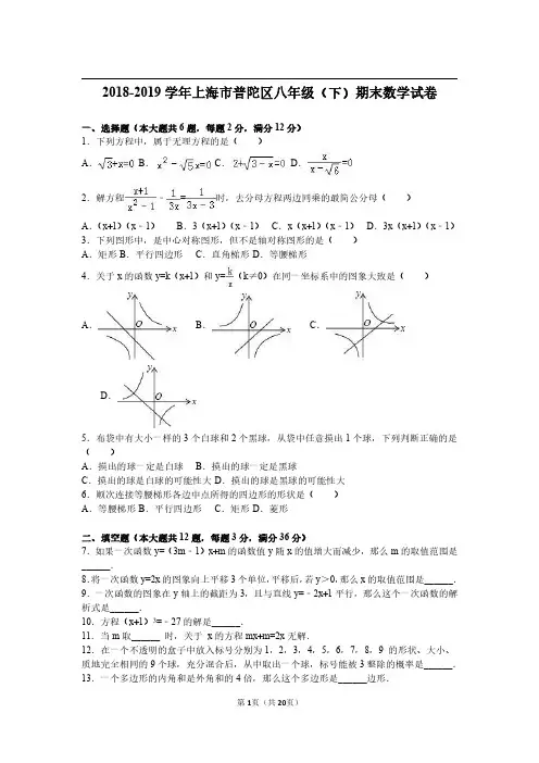 上海市普陀区2018-2019学年八年级下学期期末考试数学试题 (2).pdf