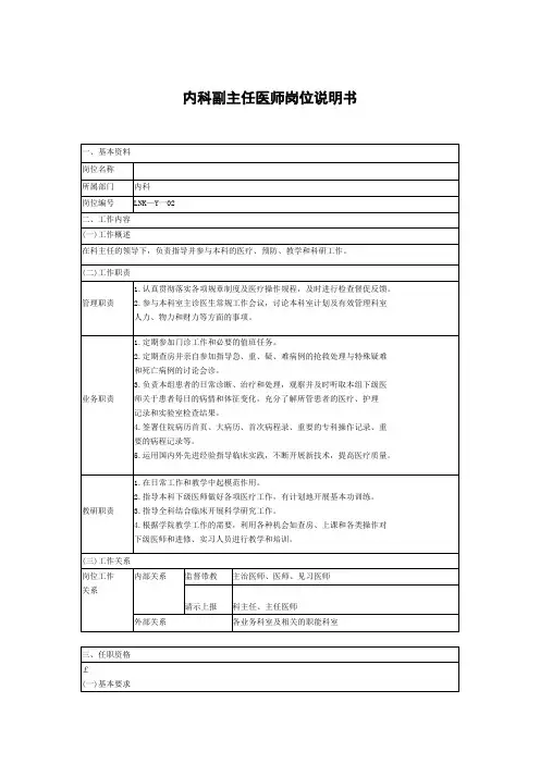 内科副主任医师岗位说明书 2