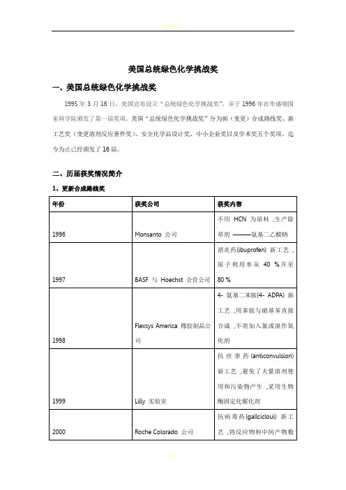 历届美国总统绿色化学挑战奖总结