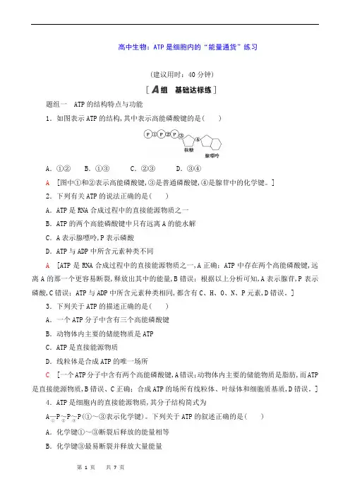 高中生物：ATP是细胞内的“能量通货”练习