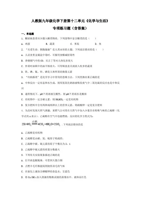 人教版九年级化学下册第十二单元《化学与生活》专项练习题(含答案)