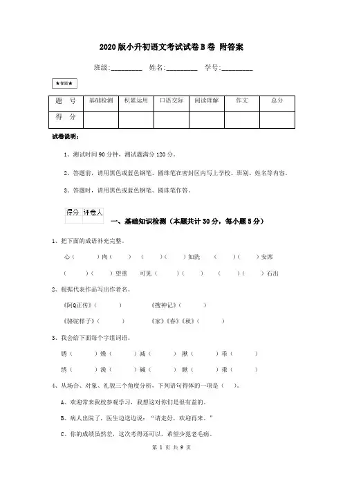 2020版小升初语文考试试卷B卷 附答案