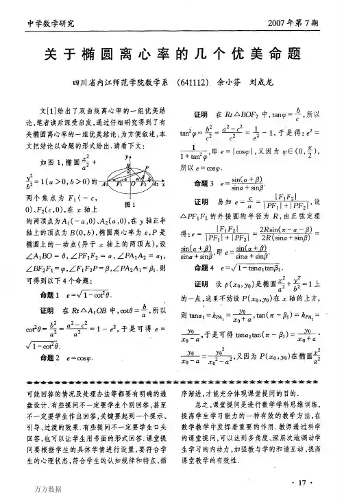 关于椭圆离心率的几个优美命题
