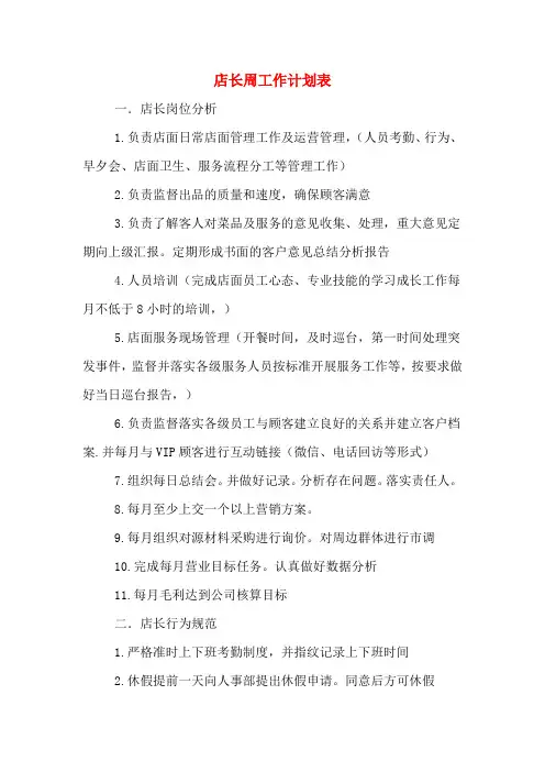 2020年店长周工作计划表
