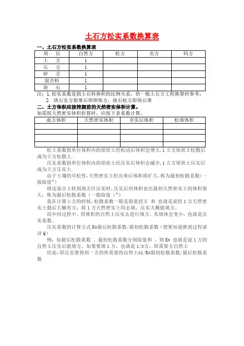 土石方松实系数换算表