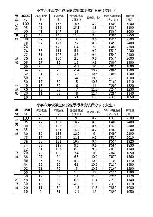 小学六年级学生体质健康标准测试评分表