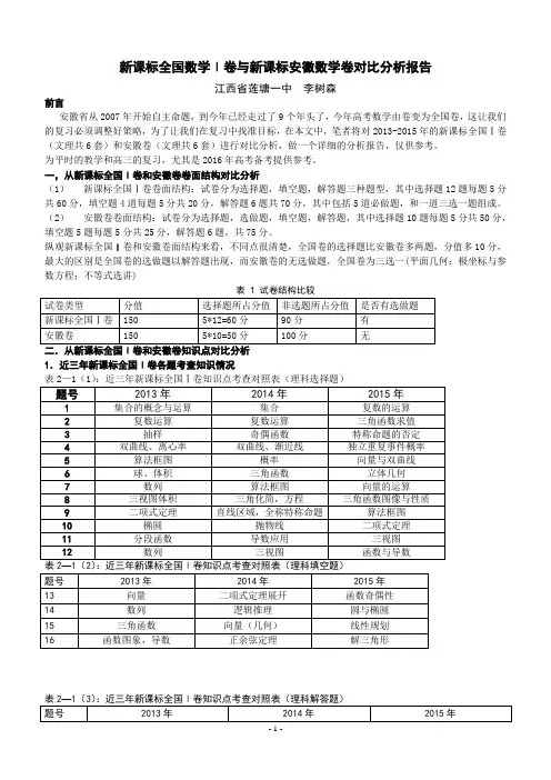 新课标全国数学卷与新课标安徽数学卷对比分析报告