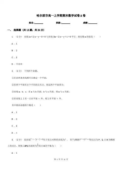 哈尔滨市高一上学期期末数学试卷A卷(模拟)