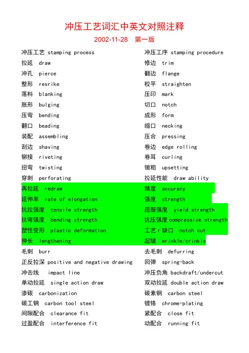 冲压词汇中英文