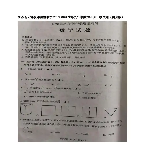 江苏连云港板浦实验中学2019-2020学年九年级数学6月一模试题(图片版)