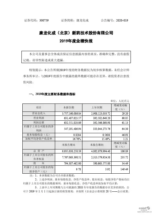 康龙化成：2019年度业绩快报