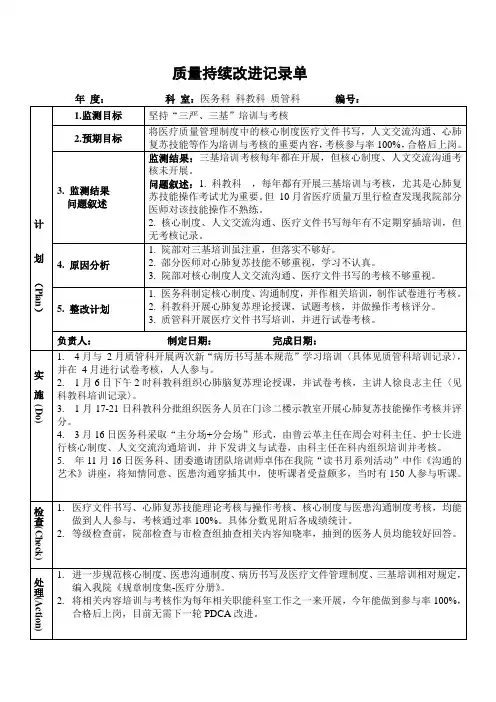 医院医务科科教科质管科坚持三严和三基培训与考核PDCA持续质量改进记录表PDCA模板