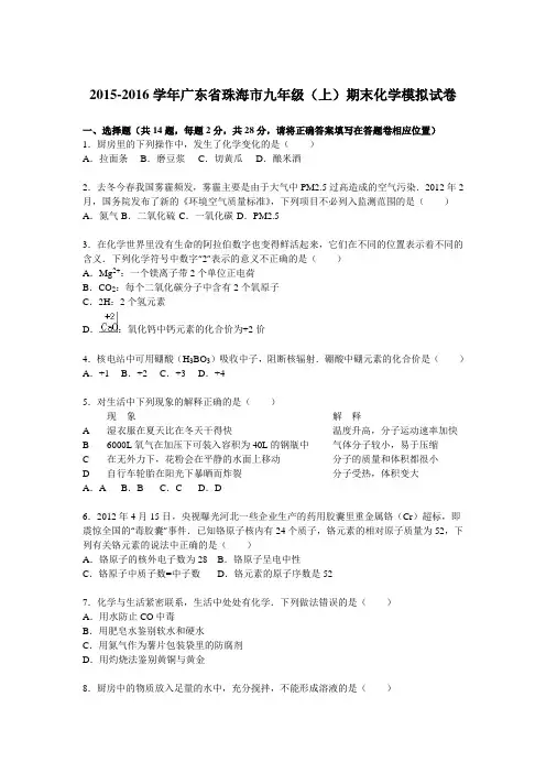 广东省珠海市2016届九年级(上)期末化学模拟试卷(解析版)