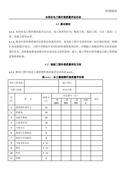 水利水电工程外观质量评定规定及表格模板格
