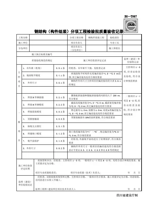 钢结构构件组装分项工程检验批质量验收记录