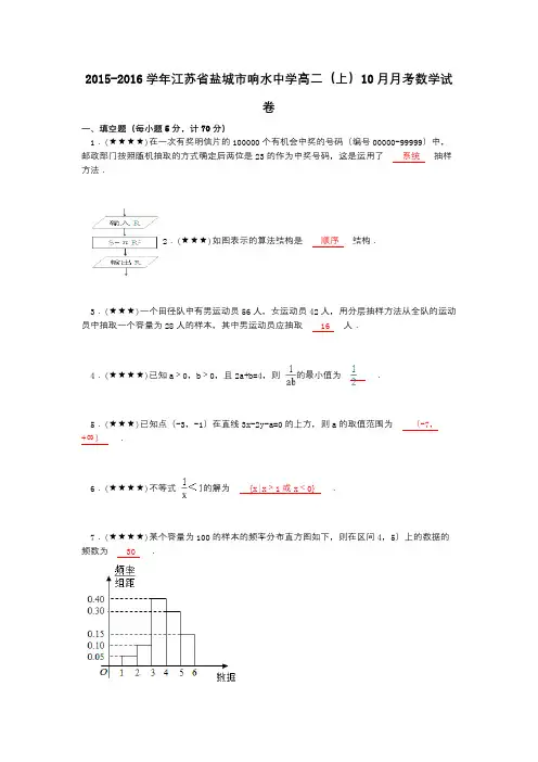 2015-2016学年江苏省盐城市响水中学高二(上)10月月考数学试卷
